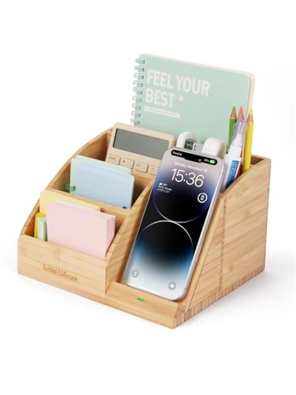 Bamboo Desk Organizer Wireless Charger Phone Stand Pen Holder Charging Station